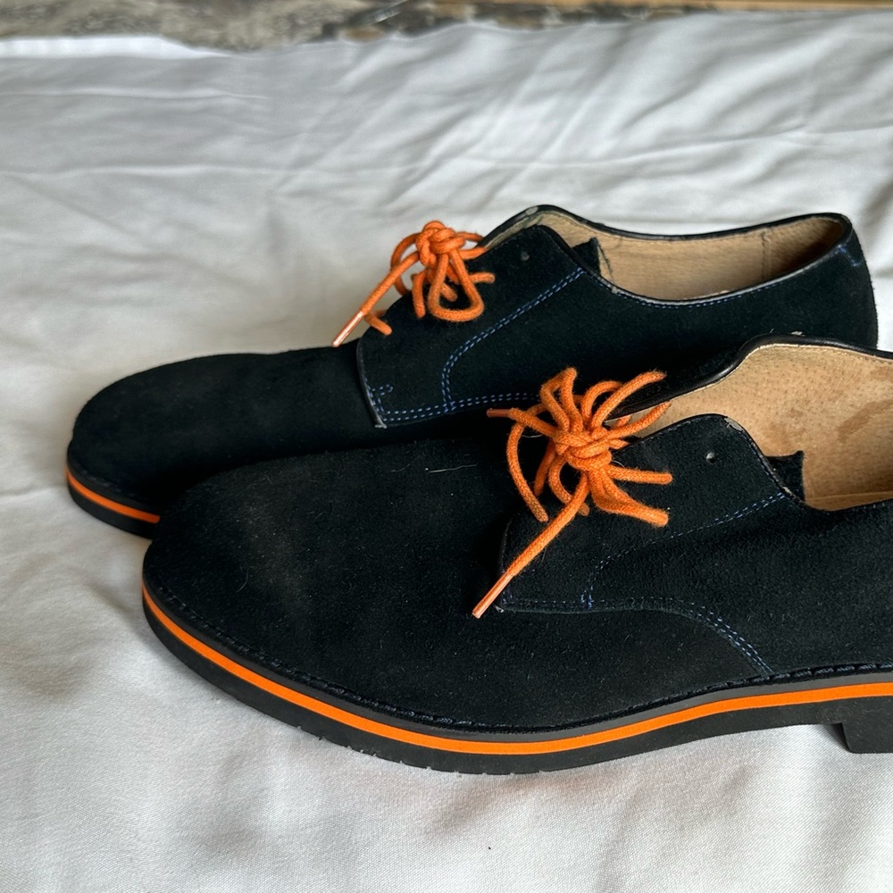Black Suede shoes with orange accents